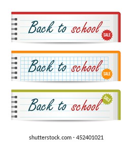 Modern horizontal banners template with Back To School text. Notebook paper layers. Sale, discount theme. Education concept. Vector illustration for web design.