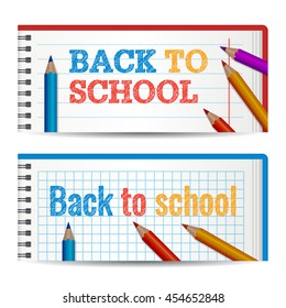Modern horizontal banners template with Back To School hand drawn text. Notebook paper layers. Colorful Colored Pencils, school supplies. Education concept. Vector illustration for web design.