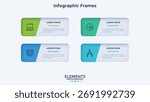 Modern horizontal diagram with 4 rectangular frames or cards. Concept of four features of business project. Minimal infographic design template. Flat vector illustration for presentation, banner.