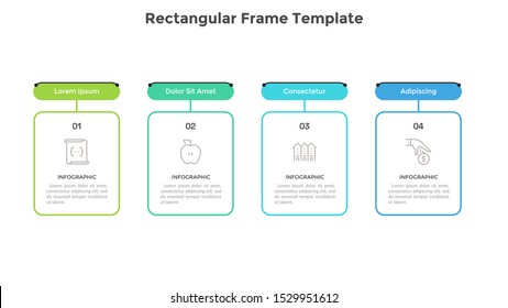 Modern horizontal diagram with 4 rectangular frames or cards. Concept of four features of business project. Minimal infographic design template. Flat vector illustration for presentation, banner.