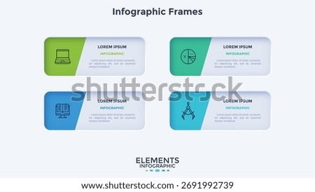 Modern horizontal diagram with 4 rectangular frames or cards. Concept of four features of business project. Minimal infographic design template. Flat vector illustration for presentation, banner.