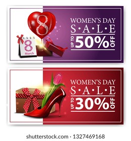 Modern horizontal discount banners to the women's day with gift, balloon and women's Shoe with tulips inside