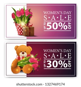 Modern horizontal discount banners to the women's day with bucket with tulips, gift and Teddy bear with a bouquet of tulips