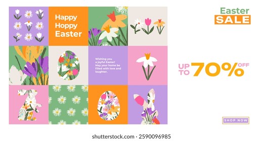 Modern horizontal Easter banner with spring flowers, eggs and Easter bunny. Floral designe template for web, ads, promo, sales