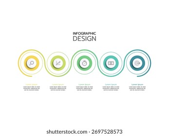 Um modelo de design infográfico moderno e horizontal com um processo linear de cinco etapas com ícones coloridos circulares representando objetivos, crescimento, tempo, dinheiro e foco. Ilustração vetorial.