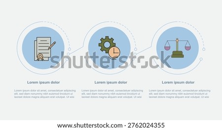 Modern horizontal infographic vector with three circular steps featuring document, gear with clock, and balance scale icons. Ideal for business workflow, process explanation, legal, and productivity concepts.
