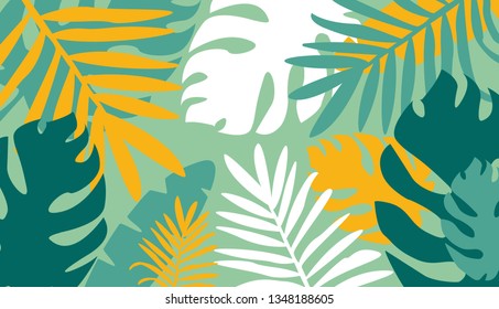 Modern horizontal natural abstract colorful backdrop with tropical leaves and scribble on green background. Bright colored decorative vector illustration in trendy artistic style