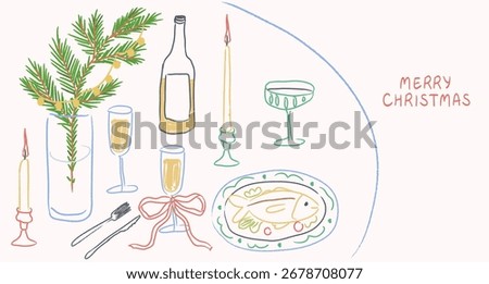 Modern horizontal poster placard with colored wax crayon line food, drinks and Christmas tree drawings. Chalk marker illustration of served new year dinner table for greeting cards or party invitation