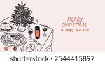 Modern horizontal poster placard with ink minimal line food and drinks. Christmas dinner table chalk crayon drawings set. Vector illustrations for new year celebration wall decor or new year invitatio