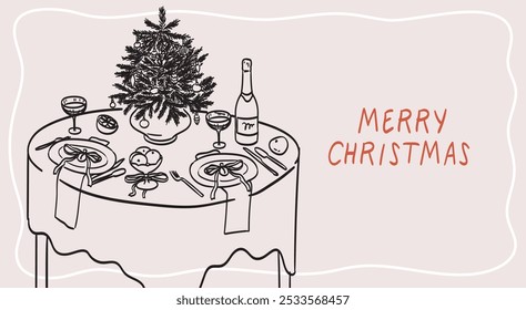 Modern horizontal poster placard with ink minimal line food, drinks and Christmas tree. Chalk crayon drawings of Christmas dinner table. Vector illustrations for new year greetings or party invitation