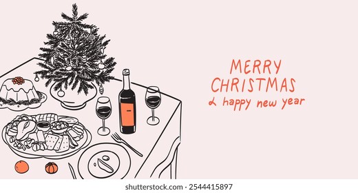 Modern horizontal poster placard with ink minimal line food and drinks. Christmas dinner table chalk crayon drawings set. Vector illustrations for new year celebration wall decor or new year invitatio