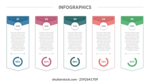 Modern Horizontal progress bar featuring 5 shaped elements, symbolizing the five stages of business strategy and progression. Clean timeline infographic design template. Vector for presentation