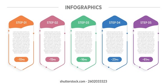 Modern Horizontal progress bar featuring 5 shaped elements, symbolizing the five stages of business strategy and progression. Clean timeline infographic design template. Vector for presentation
