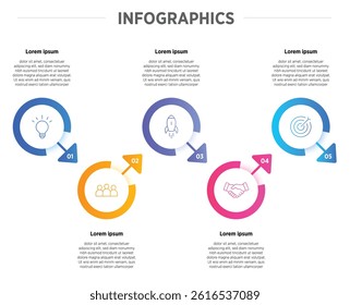Modern Horizontal progress bar featuring 5 shaped elements, symbolizing the five stages of business strategy and progression. Clean timeline infographic design template. Vector for presentation
