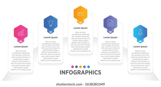 Modern Horizontal progress bar featuring 5 shaped elements, symbolizing the five stages of business strategy and progression. Clean timeline infographic design template. Vector for presentation