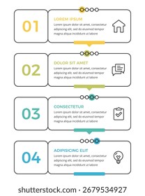 Modern horizontal step by step infographic template with four numbered boxes, connecting lines, icons, and text areas
