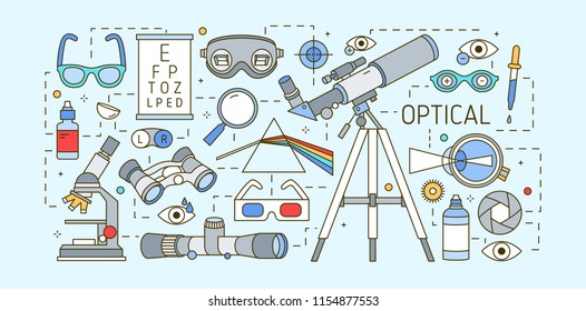 Modern horizontal web banner template with optical, eyesight correction devices, ophtalmic and visual acuity tools on light background. Colorful vector illustration in trendy line art style