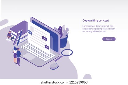 Modern horizontal web banner template with tiny people standing in front of giant laptop and looking at text displaying on screen. Copywriting, content management and SEO. Colored vector illustration.