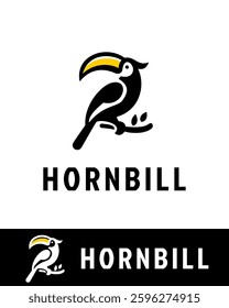 A modern hornbill logo featuring a sleek, minimalistic bird perched on a branch with a distinctive beak