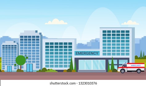 modern hospital building with ambulance car medical clinic exterior cityscape background flat horizontal