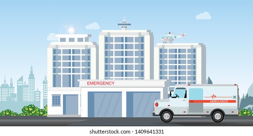 Modern hospital building with ambulance car and medical emergency chopper helicopter. Medical clinic exterior, health and care vector illustration. 