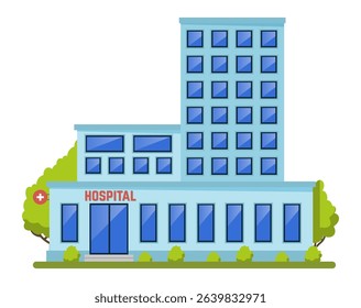 Modern hospital building with blue windows and emergency sign, surrounded by trees, representing healthcare, medical services, and treatment