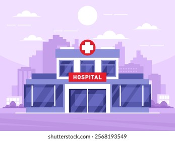 Modern hospital building. Cityscape. Sunset or sunrise. Modern city skyscrapers panorama of tall buildings, urban background. Vector graphics