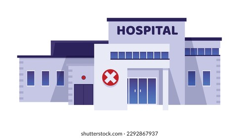 Modern hospital building exterior, flat vector illustration isolated on white background. Medical clinic or ambulance station. Healthcare concept. Public hospital icon.