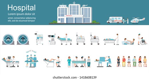 Modern hospital building and healthcare infographics with departments, patients and doctors working, health and care vector illustration. 