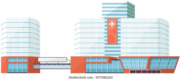 Modern hospital building, healthcare system and medical facility with all departments. Clinic with ambulance. Healthcare and emergency concept. Urban medical clinic isolated on white background