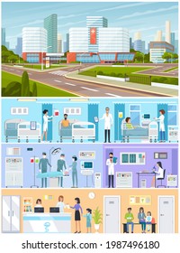 Modern Hospital Building, Healthcare System With All Departments. Doctors And Patients In Hospital Building. Workflow Inside Urban Medical Facility. Surgery, Diagnostics And Treatment In Clinic