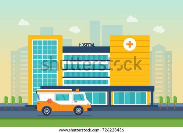 Modern hospital
building, healthcare system and medical facility. Clinic exterior,
medical architecture hospital, landscape on background city. Vector
illustration isolated.