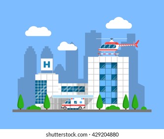 Modern Hospital Building With Helicopter And Ambulance. Cityscape Flat Design Style Vector Illustration. Medical Center And Medical Care Concept. Icon Or Infographic Element. 10 EPS