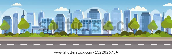 modern hospital clinic and bank building front view of financial and medical institution exterior urban city panorama skyscrapers cityscape background skyline flat horizontal wallpaper for walls. 