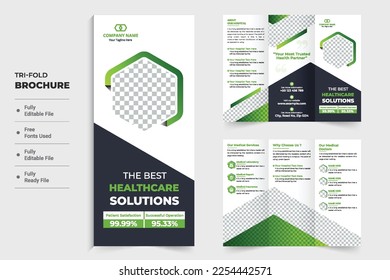 Modern hospital double sided tri fold brochure vector for advertisement. Medical poster design with green and dark colors. Healthcare center trifold brochure vector with photo placeholders.