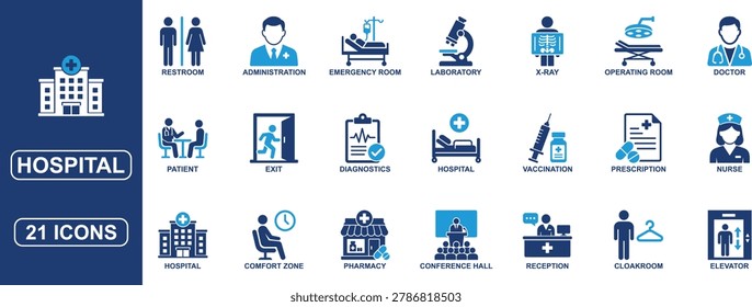 Modern hospital icon set designed for healthcare facilities, medical departments, clinics, and patient care projects. Includes emergency room, laboratory, vaccination, diagnostics, reception, pharmacy, operating room, doctor, nurse, prescription, and hospital service icons in a clean solid vector style. Perfect for websites, healthcare apps, dashboards, presentations, and medical infographics.
