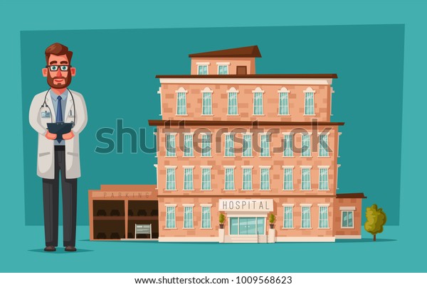 Modern hospital. medical services. Facade of\
clinic. Cartoon vector\
illustration