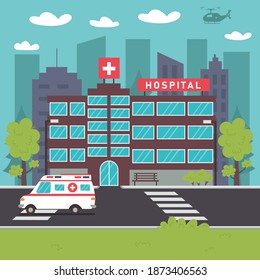 Modern Hospital Outside City Background. Medical Institution. Building Medical Care. Ambulance Near The Hospital. Modern Vector Flat Isolated Illustration