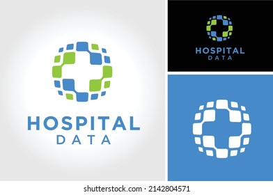 Modern Hospital Pharmacy Cross With Digital Data Square Connection Logo Design