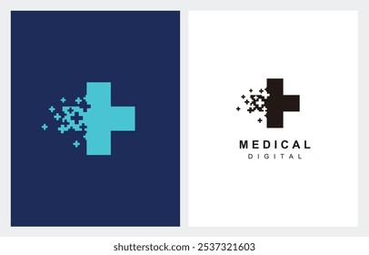 Modern Hospital Pharmacy Cross with digital data connection logo design illustration