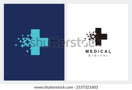 Modern Hospital Pharmacy Cross with digital data connection logo design illustration