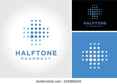 Modern Hospital Pharmacy Cross with halftone dots digital logo design