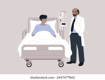 Em uma sala de hospital moderna, um médico se envolve com um paciente que recebe cuidados, A interação enfatiza a importância do tratamento de saúde, empatia e comunicação na recuperação