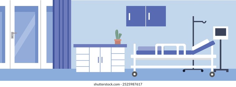 Ilustração moderna do quarto do hospital. Cama do hospital. Interior do centro médico. Serviços de saúde pública. Hospital VIP. Arquitetura da sala de clínica. Sala de clínica.