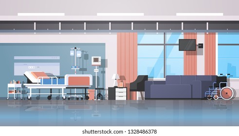 modern hospital room interior intensive therapy patient ward nursing care bed on wheels comfortable couch and wheelchair clinic furniture horizontal