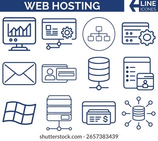 Ícones modernos do servidor de hospedagem. Servidores, Domínios, Nuvem, Símbolos de Rede de Data Center, Internet, Hospedagem de Ícones de Provedor.