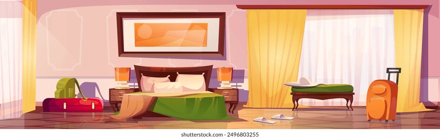 Modern hotel bedroom interior with double bed and lamps on bedside tables, big windows with curtains and picture on wall, tourist luggage in suitcases and backpack, slippers and hat on pouf.