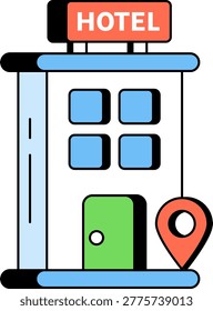 A modern hotel building features a rooftop sign and a map marker at the entrance. This icon represents travel planning, local lodging options, and finding suitable accommodation for tourists.