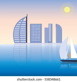 modern hotel cityscape sailboat sea sun art creative vector illustration Travel Poster