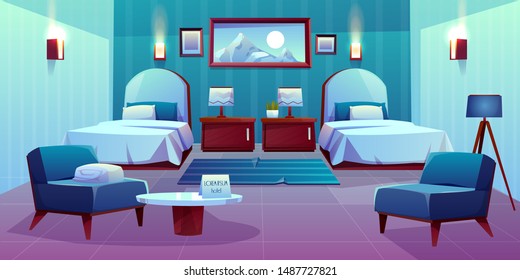 Modern hotel comfortable double room interior with separate single beds, lamps on bedside cabinets, mountain paintings on wall, armchairs, greeting card on coffee table cartoon vector illustration